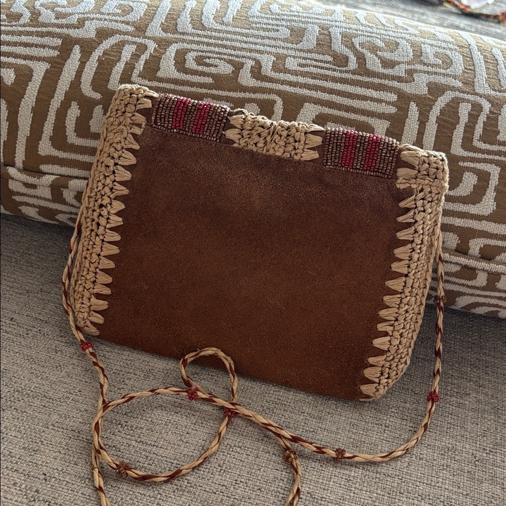 Free People Vintage boho suede leather and paper Raffia beaded crossbody purse - Picture 6 of 16